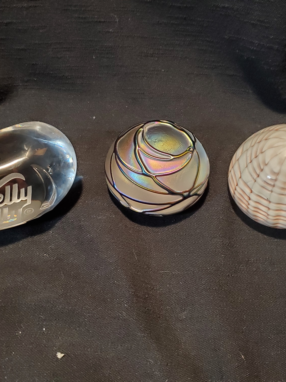 Art Glass Paperweight Lot of 3 Waterford Jelly Belly, Iridescent, and shell pw